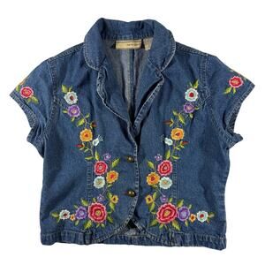 Vintage 80s Carrie Allen Denim Vest Women's Large Embroidered Art Floral Cotton